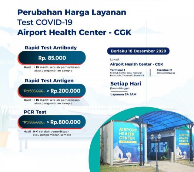 Airport Health Center di Bandara PT Angkasa Pura II Berlakukan Tarif Baru Tes COVID-19 Mulai 18 Desember 2020