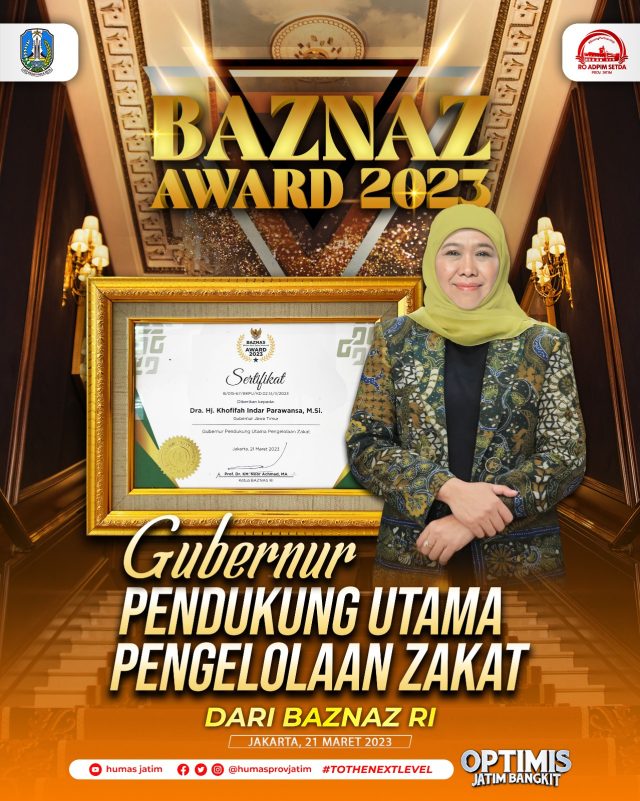 Gubernur Khofifah Terima Penghargaan Baznas Award 2023 Sebagai Gubernur Pendukung Utama Pengelolaan Zakat